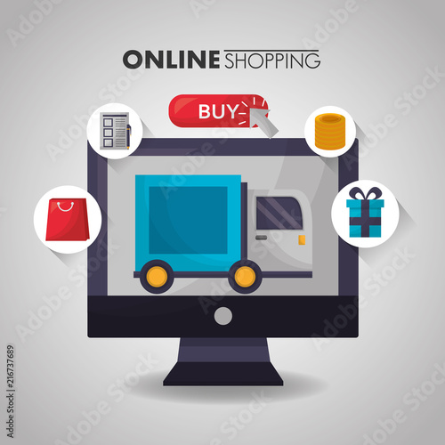 online shopping delivery truck computer screen buy sale offers vector illustration