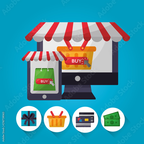 online shopping computer screen basket smartphone money credit cards vector illustration