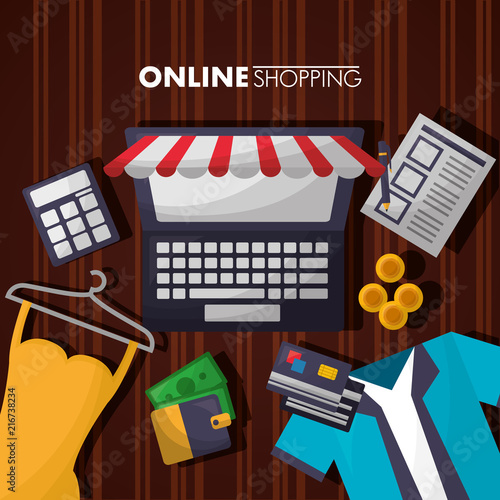 online shopping computer shop store dress credit cards wallet shirt vector illustration