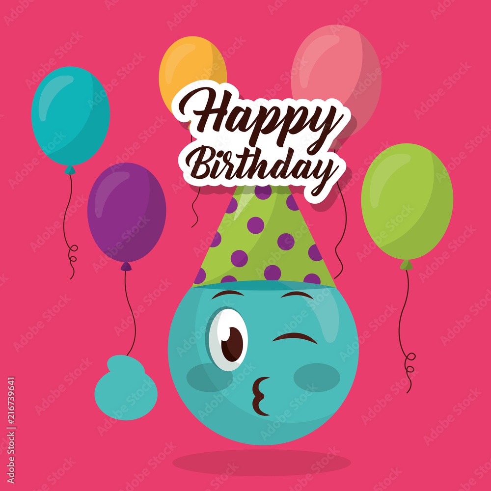 happy birthday colors balloons cute emoji party hat vector illustration ...