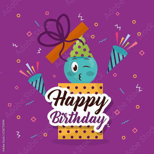 happy birthday emoji party hat geometric figures background sign gift box vector illustration