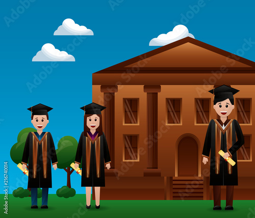 congratulations graduation school building studens outdoor smiling vector illustration photo