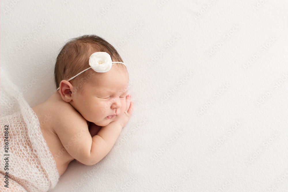 Sleeping newborn girl on a white background. Photoshoot for the newborn. 7  days from birth. A portrait of a beautiful, seven day old, newborn baby girl  Stock Photo | Adobe Stock
