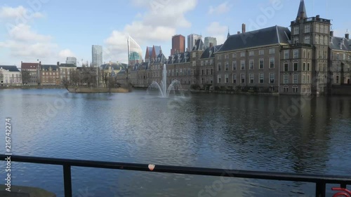 The political centre of the Hague. The Binnenhof at the Hofvijver. Visible is the office of the Prime Minister Little Tower Torentje, Mauritshuis, Prison Gate and the skyline towers as Castallia. photo