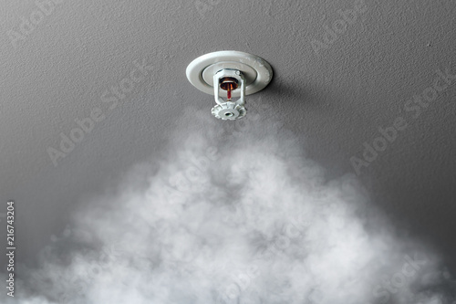fire alarm sprinkler system in action with smoke photo
