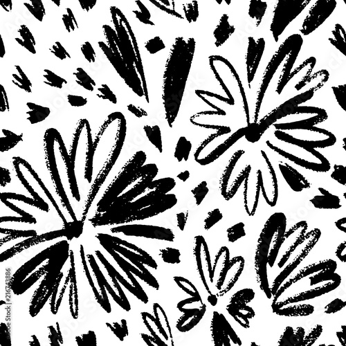 Vector seamless pattern of ink drawing wild plants, herbs and flowers, monochrome botanical illustration, floral elements, hand drawn repeatable background. Artistic backdrop.