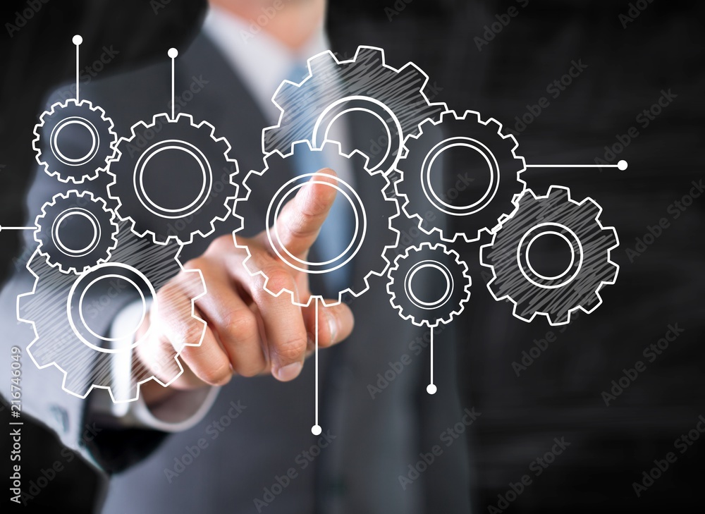 Businessman and analytics symbols on black background Businessman and analytics symbols on black background