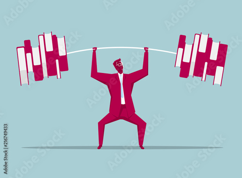 Businessman lifts weights ,barbell is made up of books. The background is blue.