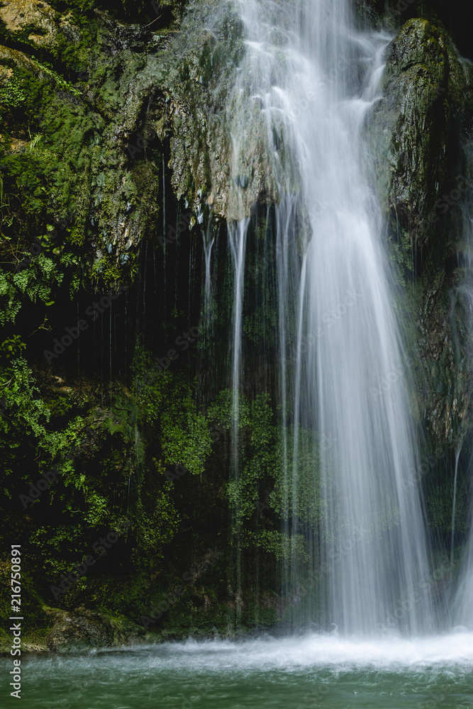 Clean cascade water flowing on rock to pond in green woods in long exposure