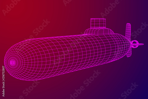 Military atomic submarine underwater boat. Wireframe low poly mesh vector illustration