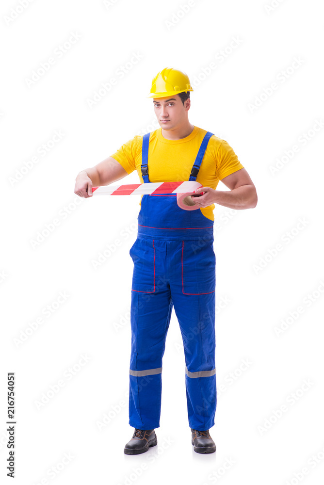 Funny worker wearing coveralls with tape Funny worker wearing coveralls with tape