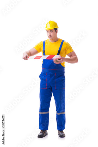 Funny worker wearing coveralls with tape © Elnur
