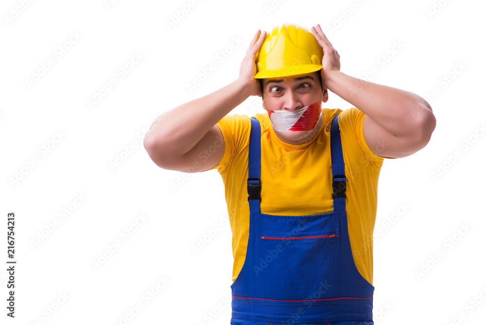 Funny worker wearing coveralls with tape Funny worker wearing coveralls with tape