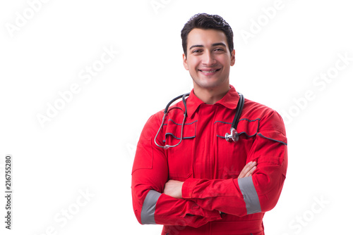 Young handsome man with stethoscope in red uniform isolated on w photo