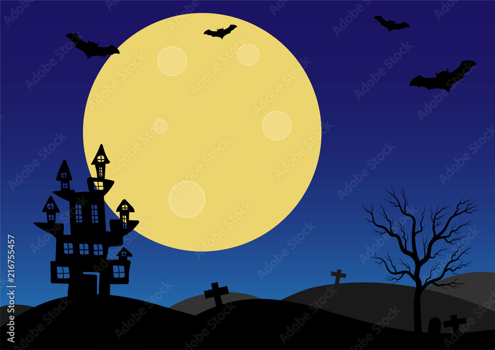 Halloween background vector with dark castle, moon and bat silhouette style of sunset blue light