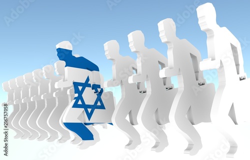Special ruuning out from the crowd. Business leader with briefcase textured by flag of the Israel photo
