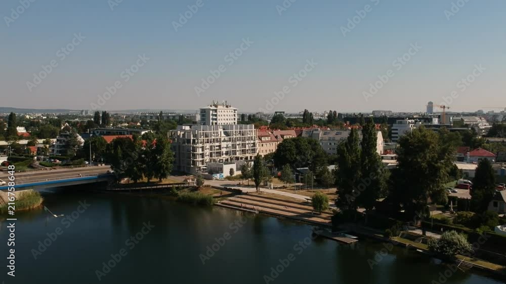 Drone flight over Alte Donau lake in Vienna, Austria Drone flight over Alte Donau lake in Vienna, Austria
