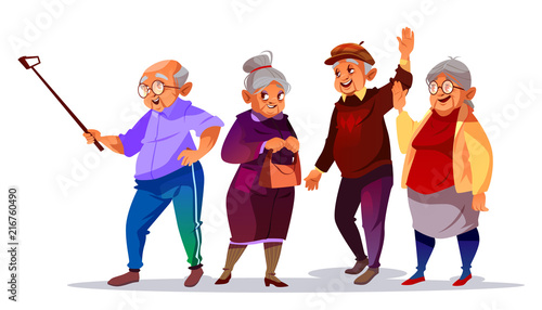 Old people making photo selfie vector illustration. Cartoon elderly man and woman smiling with hello hand gesture for smartphone photograph on vacation or travel