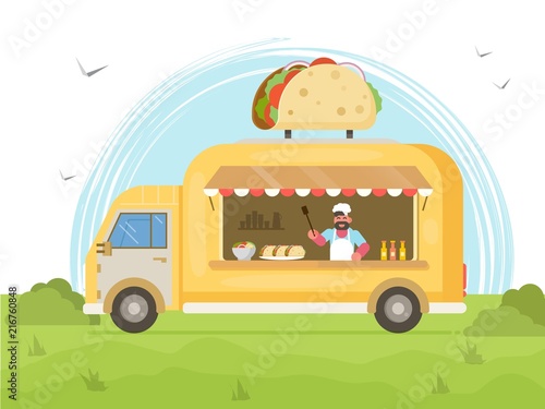 Taco Food Truck. Street Food Truck Concept. Vector flat illustration.