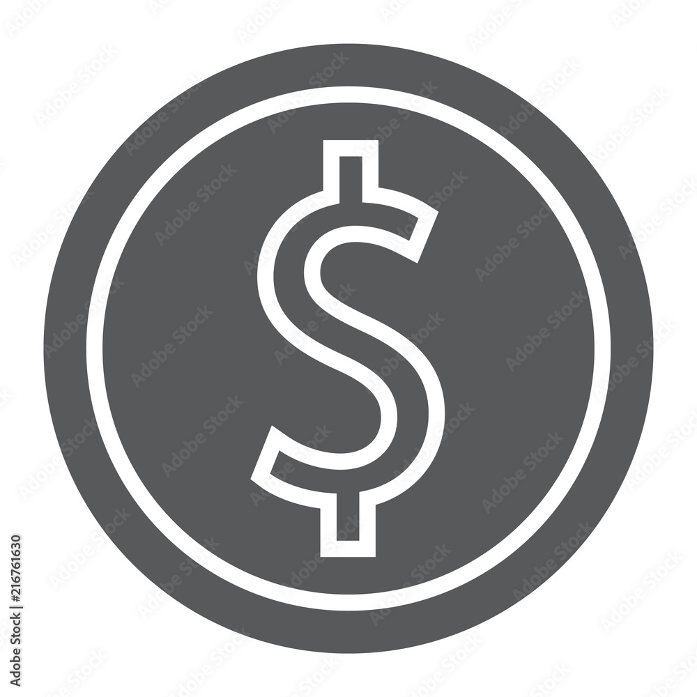 Dollar coin glyph icon, finance and banking, currency sign, vector graphics, a solid pattern on a white background, eps 10. Dollar coin glyph icon, finance and banking, currency sign, vector graphics, a solid pattern on a white background, eps 10.