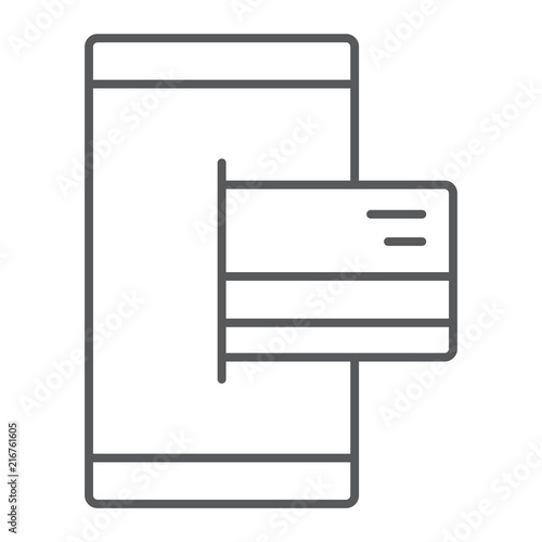 Mobile banking thin line icon, finance and banking, payment sign, vector graphics, a linear pattern on a white background, eps 10.