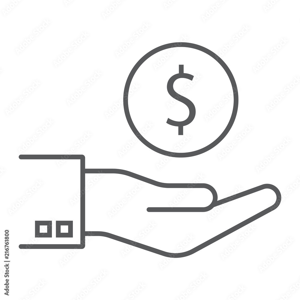 Hand holding coin thin line icon, finance and banking, hand sign, vector graphics, a linear pattern on a white background, eps 10. Hand holding coin thin line icon, finance and banking, hand sign, vector graphics, a linear pattern on a white background, eps 10.