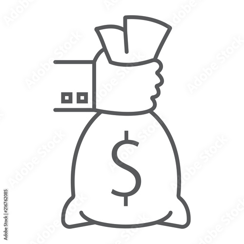 Hand holding money thin line icon, finance and banking, investment sign, vector graphics, a linear pattern on a white background, eps 10.