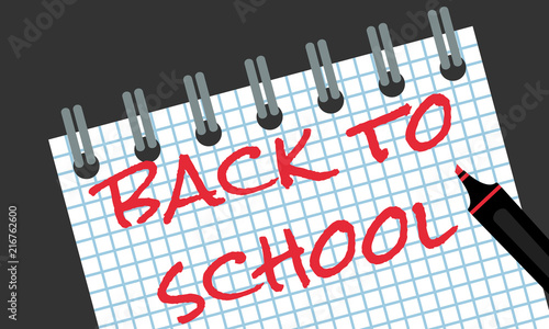 back to school - red marker text in checkered notepad, flat style vector banner