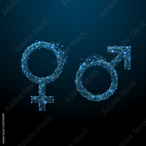 Male and female symbols low poly wireframe. Vector polygonal image in the form of a starry sky or space, consisting of points, lines, and shapes in the form of stars with destruct shapes.