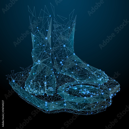 Abstract image of a Scales with feet and ankles in the form of a starry sky or space, consisting of points, lines, and shapes in the form of planets, stars and the universe. Vector wireframe concept