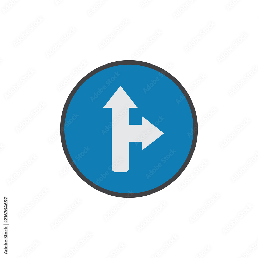 Go straight or right flat icon, vector sign, colorful pictogram isolated on white. traffic sign symbol, logo illustration. Flat style design Go straight or right flat icon, vector sign, colorful pictogram isolated on white. traffic sign symbol, logo illustration. Flat style design