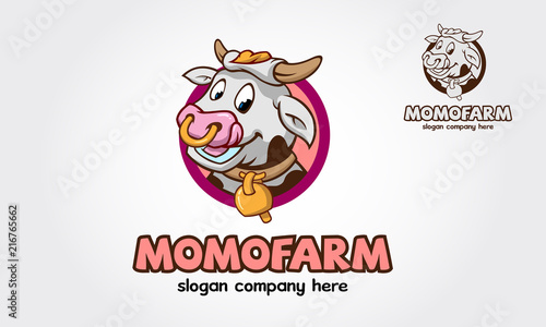 Momo Farm Logo Cartoon Character. Happy cartoon cow, Illustration of a cow and a sign, vector logo illustration.