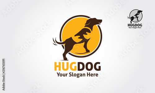Hug Dog Vector Logo Illustration. Dog silhouette with spot on the body, but the spot could be as a human hand who hold the dog. it's good for Pet logo, veterinary, or dog lover logo.
