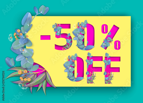 Pink 50% off sale sign with eucalyptus on green background.