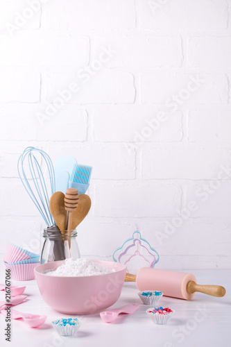 It's cooking time. Baking tools on white. Recipe book background concept.