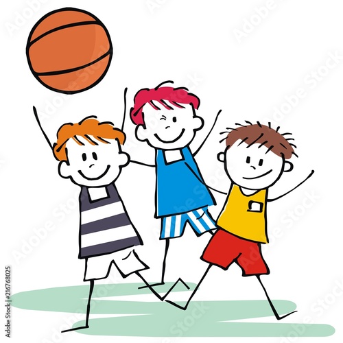 sports team, three happy kids , basketball, vector icon