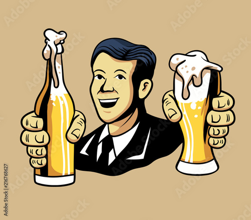 Vector illustration of retro man offering beer.