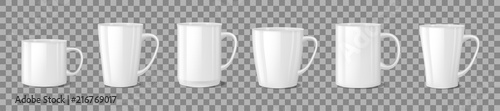Realistic blank white coffee mug cups on transparent background. Cup template mockup isolated. teacup for breakfast. Vector illustration
