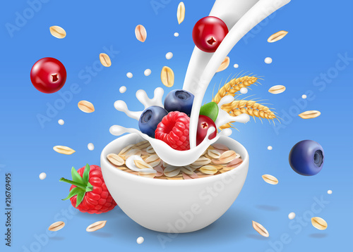 Oatmeal advertising and forest berries, milk splashing and blueberry, cranberry, raspberry