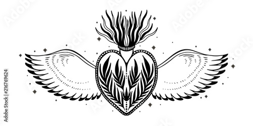 Sketch graphic illustration Beautiful heart with mystic and occult hand drawn symbols. Vector illustration. Vintage Hands with Old Fashion Tattoos.