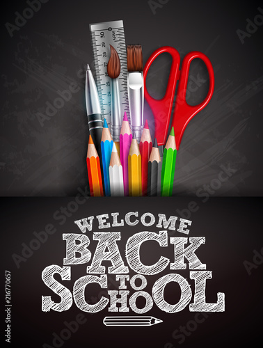 Back to school design with colorful pencil, pen and typography lettering on black chalkboard background. Vector illustration with ruler, scissors, paint brush for greeting card, banner, flyer