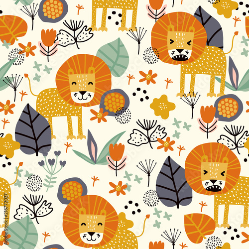 Seamless pattern with cute lion and tropical plants. Vector texture in childish style great for fabric and textile, wallpapers, backgrounds. Creative jungle childish texture.