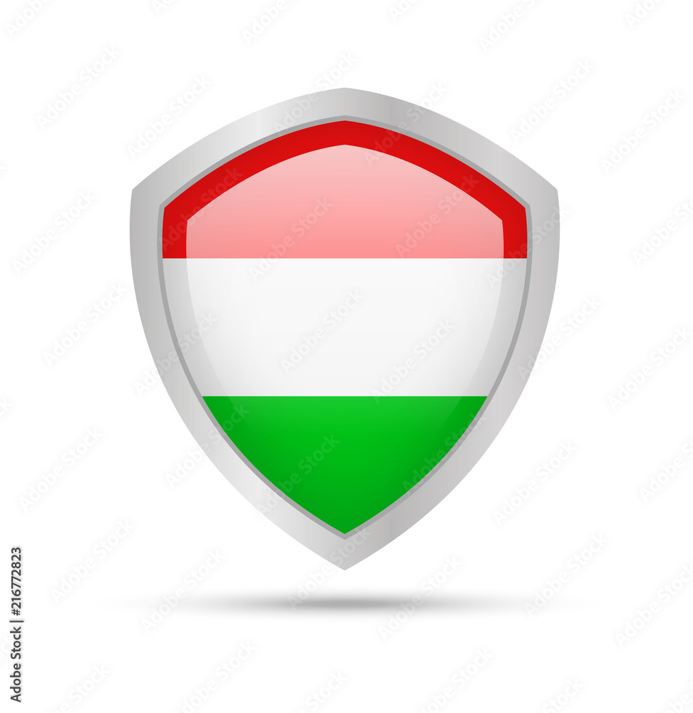 Shield with Hungary flag on white background. Vector illustration. Shield with Hungary flag on white background. Vector illustration.