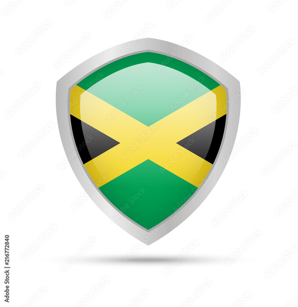 Fototapeta premium Shield with Jamaica flag on white background. Vector illustration.