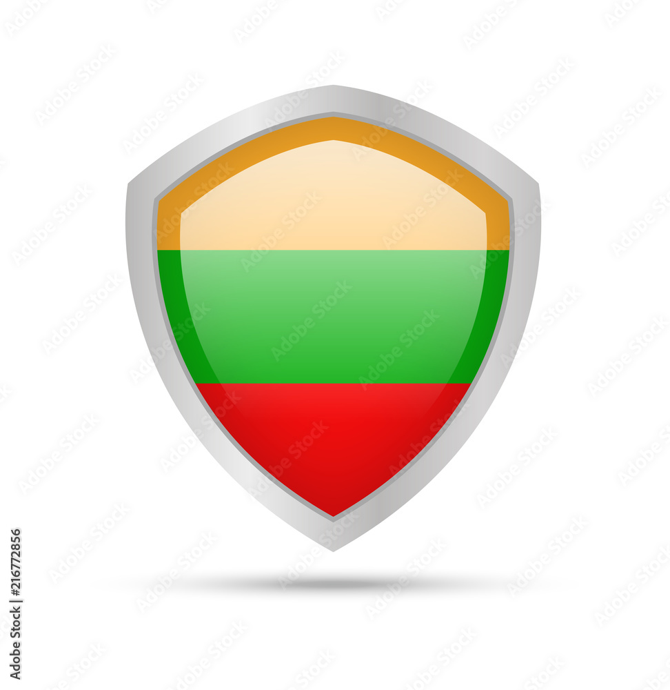 Shield with Lithuania flag on white background. Vector illustration. Shield with Lithuania flag on white background. Vector illustration.
