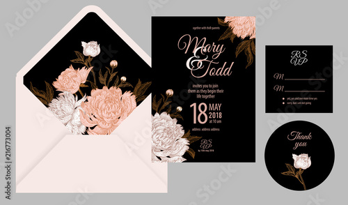 Wedding invitations templates cards and cover with flowers peonies.