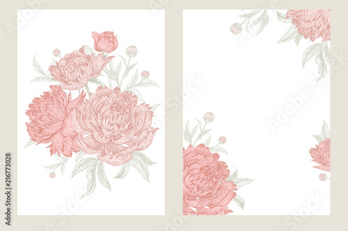 Wedding invitations. Vintage greeting cards with flowers and foliage of peonies set.