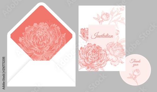 Invitations, thank you templates cards and cover with flowers peonies.