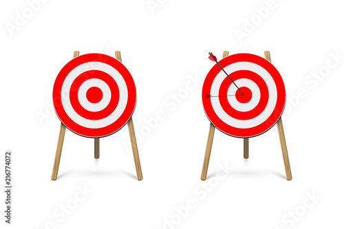 Red archery target stands with arrow. Vector design element.