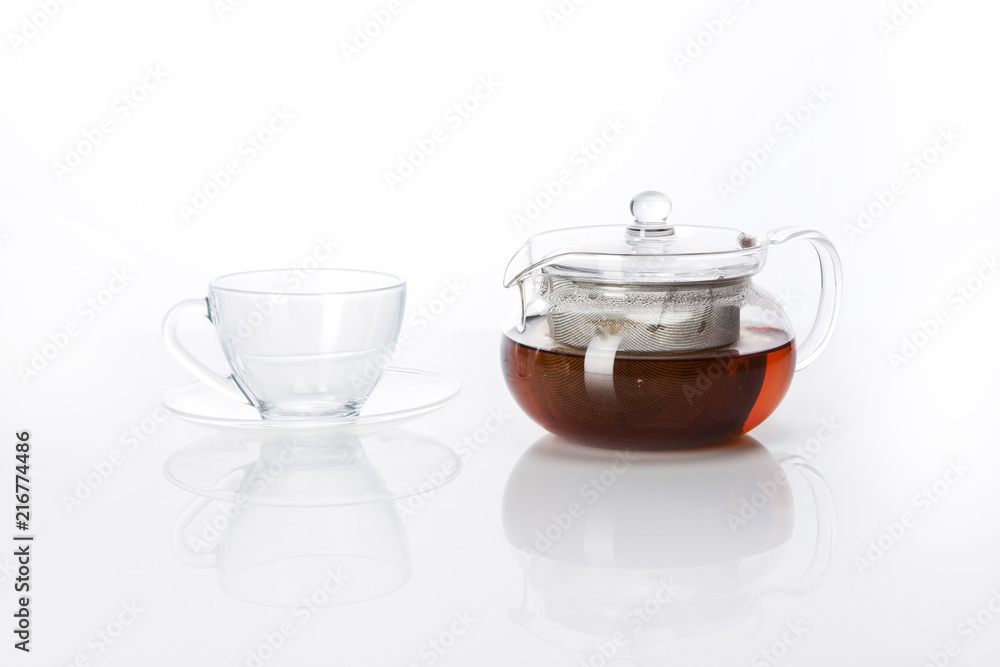 woman hand hold a pure tea bottle to the cup isolated white. woman hand hold a pure tea bottle to the cup isolated white.